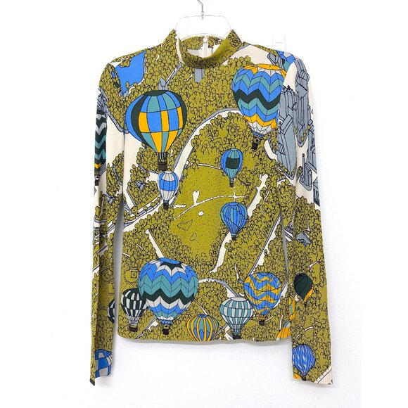 NWT Tory Burch Balloons In The Sky Print Top Blouse Mock Neck Hot Air Green 2 - Picture 1 of 11